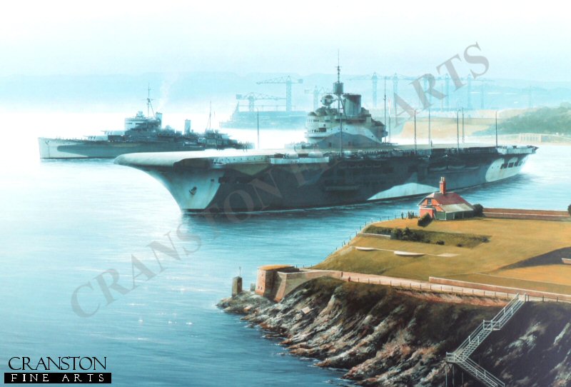 HMS Illustrious and HMS Kenya at Devonport by Ivan Berryman. [Postcard]