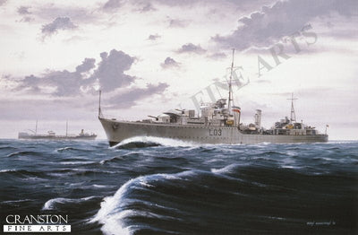 HMS Cossack on convoy duty by Ivan Berryman. [Postcard]