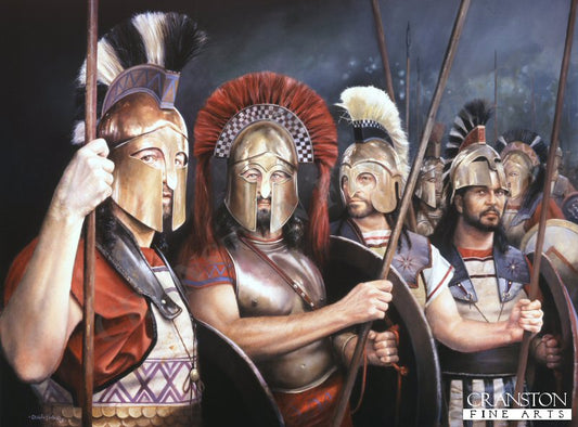 Thermopylae 480BC, Spartan and Thespaian Hoplites by Chris Collingwood. [Postcard]