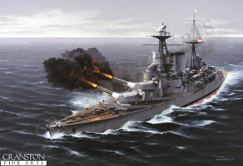 HMS Hood Opens Fire Upon the Bismarck by Ivan Berryman. [Postcard]