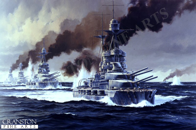 HMS Barham leads the 5th Battle Squadon at Jutland by Anthony Saunders. [Original Painting]