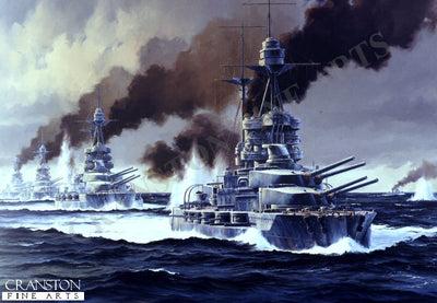HMS Barham leads the 5th Battle Squadon at Jutland by Anthony Saunders. [Postcard]