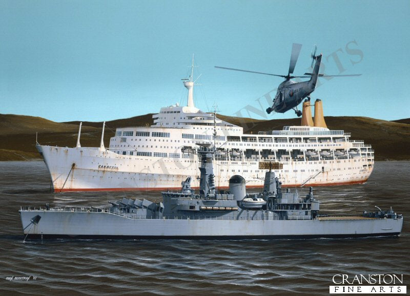 Canberra and HMS Argonaut by Ivan Berryman. [Postcard]