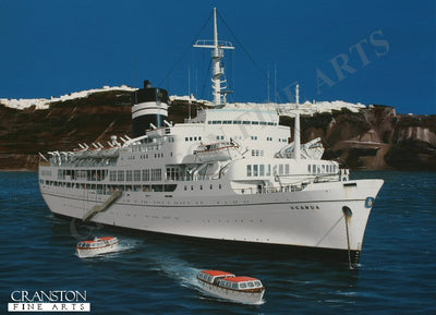 SS Uganda at Santorini by Ivan Berryman. [Postcard]