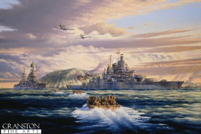 USS Tennessee During the Landings at Iwo Jima by Anthony Saunders. [Original Painting]