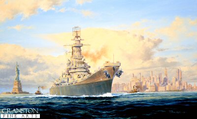 USS Iowa leaving New York by Anthony Saunders. [Original Painting]