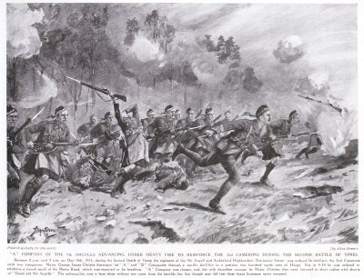 A Company of the 9th Argylls Advancing Under Heavy Fire to Reinforce the 2nd Camerons During the Second Battle of Ypres. [print]