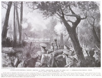Acting Lance-Corporal Barker Assisting a Party Collected by him to Open out a Communication Trench Under Heavy Shell and Machine Gun Fire. [print]