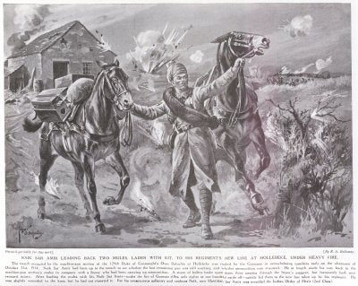 Naik Sar Amir Leading Back Two Mules Laden With Kit To His Regiments New Line At Hollebeke, Under Heavy Fire. [print]