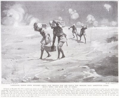Lance-Naik Guman Singh, Riflemen Kheta Ram, Dhanna Ram And Maula Dad Bringing Back Ammunition Under Heavy Shell And Rifle Fire At Kurna. [print]