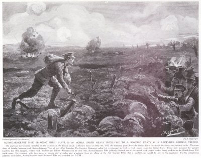 Acting Sergeant Pike Fresh Supplies of Bombs Under Heavy Shellfire To A Bombing Party In A Captured German Trench. [print]