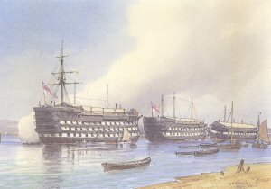 HMS Excellent and HMS Calcutta by W Fred Mitchell. [print]