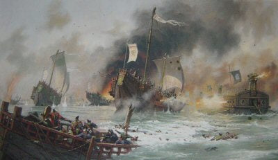 Japanese Samurai Attack the Mongol Invasion Fleet of Khubilai Kahn, 1281 by John Michael Groves. [Original Painting]