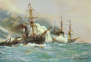Kampf zwischen Kanonenboot Meteor' und Aviso 'Bouvet' vor Havanna, 9th November 1870. [print]