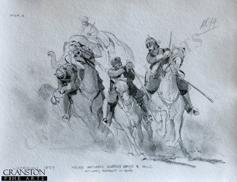 Melee Between the Queens Bays and Bombay Light Cavalry at Lucknow, 1857 by Mark Churms. [Original Drawing]