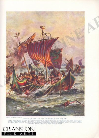 Alfreds Galleys Attacking the Viking Dragon Ships, 897 by Harry Payne. [Antique]