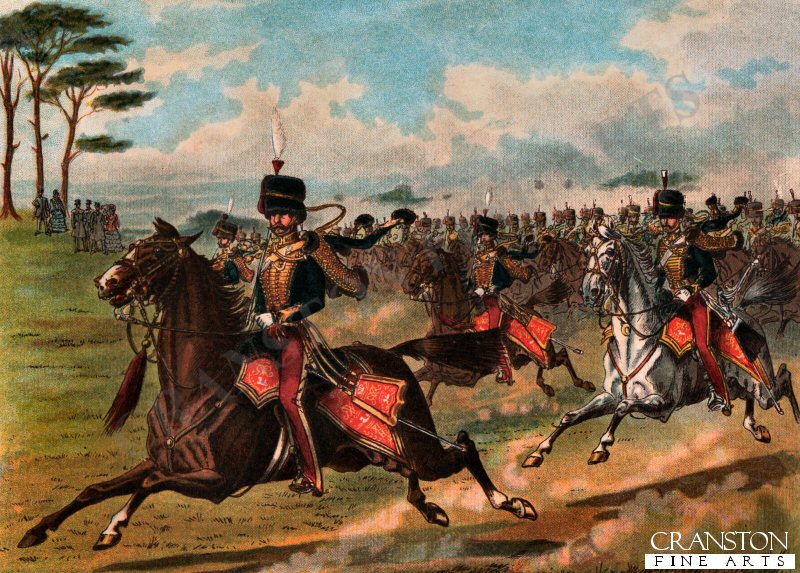 The 11th Hussars (Prince Albert's Own) at a Field Day 1851 by Richard Simkin. [Postcard]