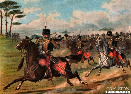 The 11th Hussars (Prince Albert's Own) at a Field Day 1851 by Richard Simkin. [Postcard]