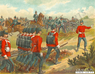 Peace Manoeuvres.  A Field Battery, Royal Artillery Coming Into Action Supported by Infantry of the Line by Richard Simkin.