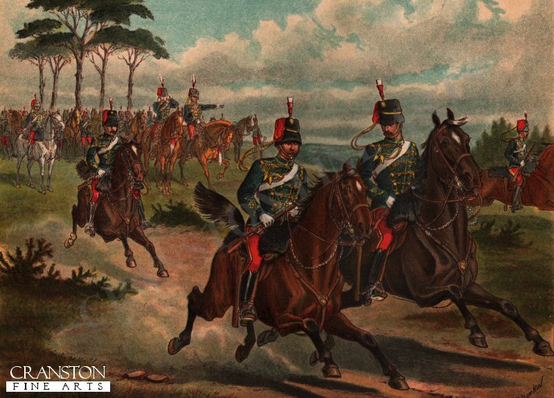 Scouts of the 11th Hussars Galloping out at a Field Day by Richard Simkin. [Postcard]