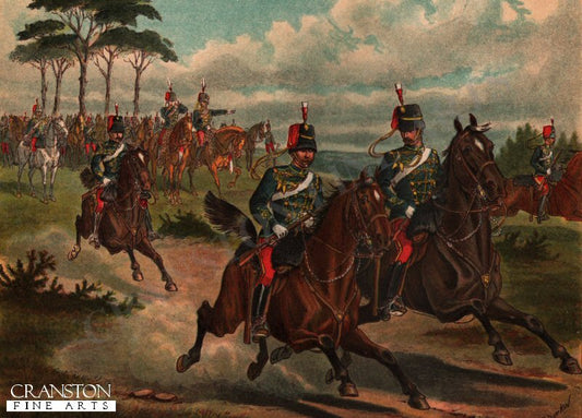 Scouts of the 11th Hussars Galloping out at a Field Day by Richard Simkin. [Postcard]