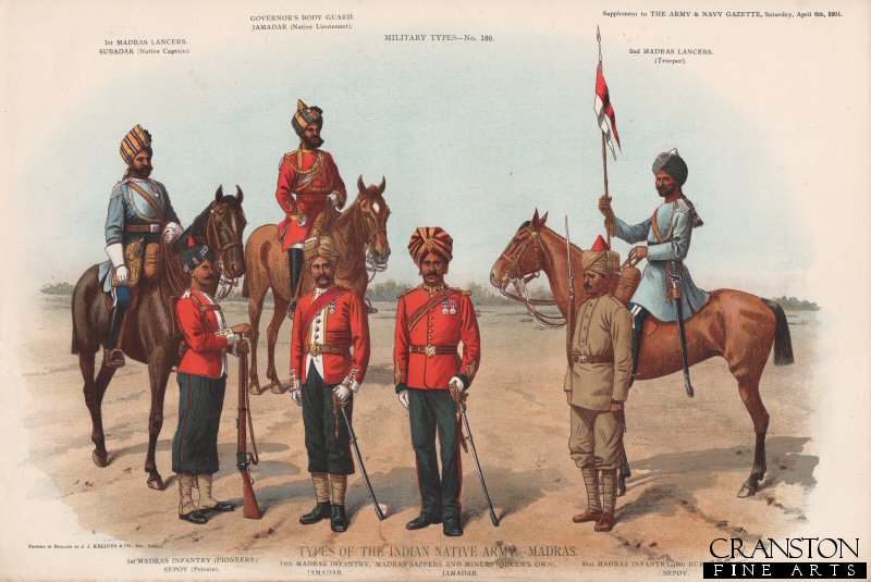 Types of the Indian Native Army, Madras by Richard Simkin [Antique]