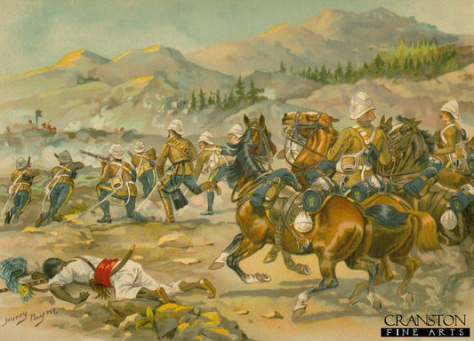 The 10th Hussars Skirmishing and Holding the Enemy in Check Until the Arrival of the Infantry at the Battle of Futtehabad, Afghan War, 1879 by Harry Payne. [Postcard]