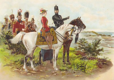 The Queen and the Prince Consort Attending a Review of the Troops at Chobham by Harry Payne. [Antique]
